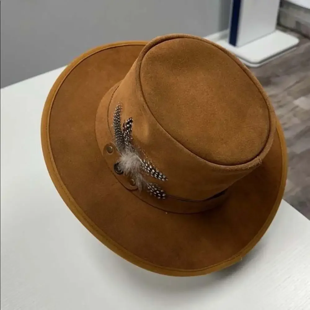 Stylish Brown Suede Hat with Feather Accent